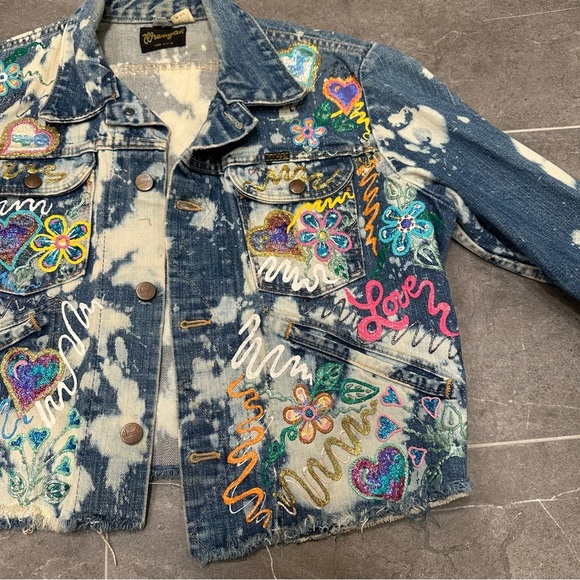 Wrangler denim jacket reworked painted bleached western cropped cut off jean - Picture 12 of 13